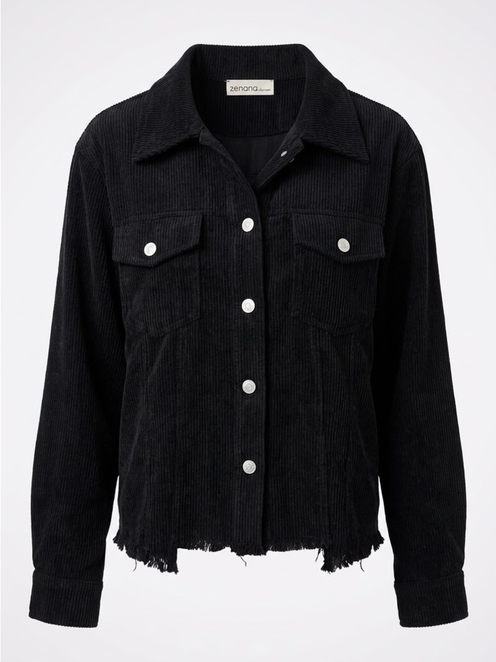 Zenana Outfitters Black Corduroy Button-Front Jacket with Frayed Hem